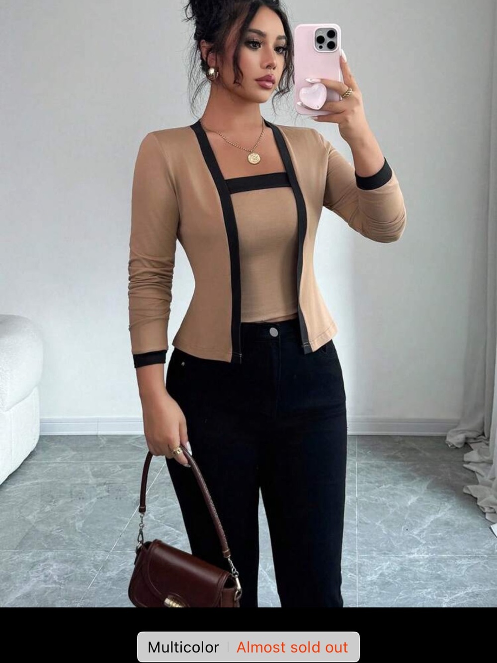 Women's Tan Long-Sleeve Contrast Trim Top